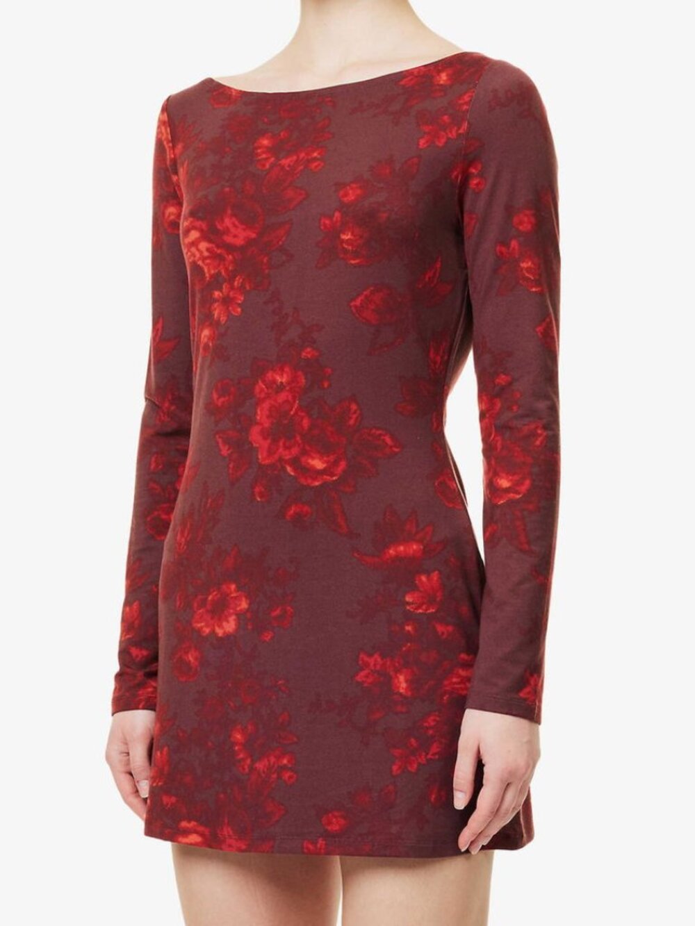 Reformation Jaelynn Knit Mini Dress Floral-Print Stretch-Woven Sanguine L